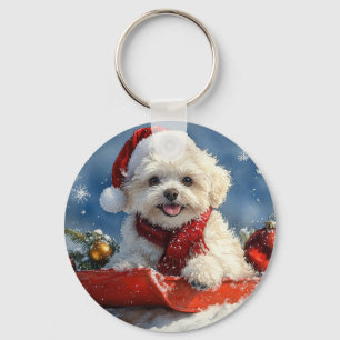 Chaveiro Bichon Frise Dog Sledge Deixe-o nevar no Natal