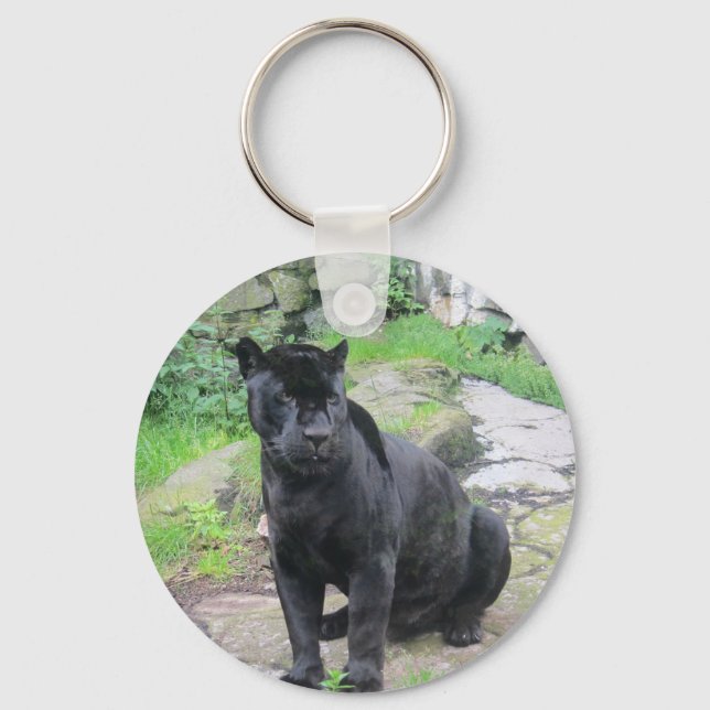 Chaveiro Big Black Jaguar Cat em Sentado no Rock (Frente)