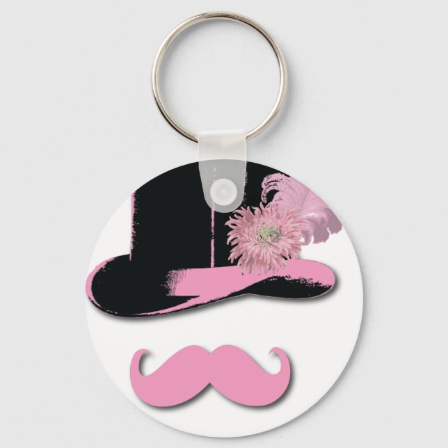 Chaveiro bigode cor-de-rosa, chapéu superior, penas e flor (Frente)