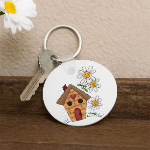 Chaveiro Birdhouse com Daisies e Heart Folk Art