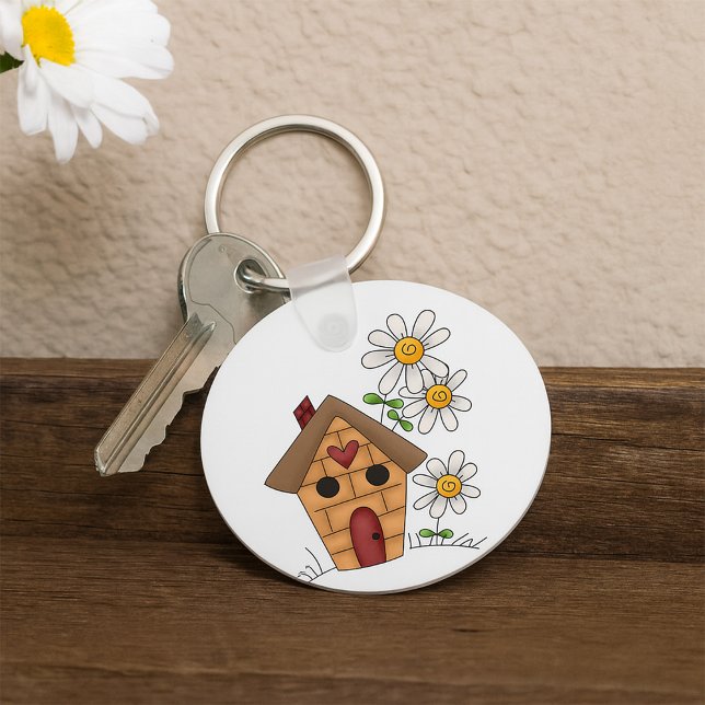 Chaveiro Birdhouse com Daisies e Heart Folk Art (Criador carregado)