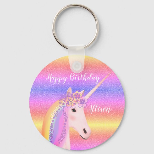 Chaveiro Birthday Unicorn Rainbow Glitter Personalizado (Frente)