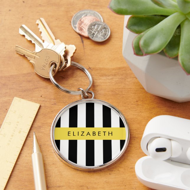 Chaveiro Black and White Stripes, Stripes, Linhas, Seu Nome (Mesa)