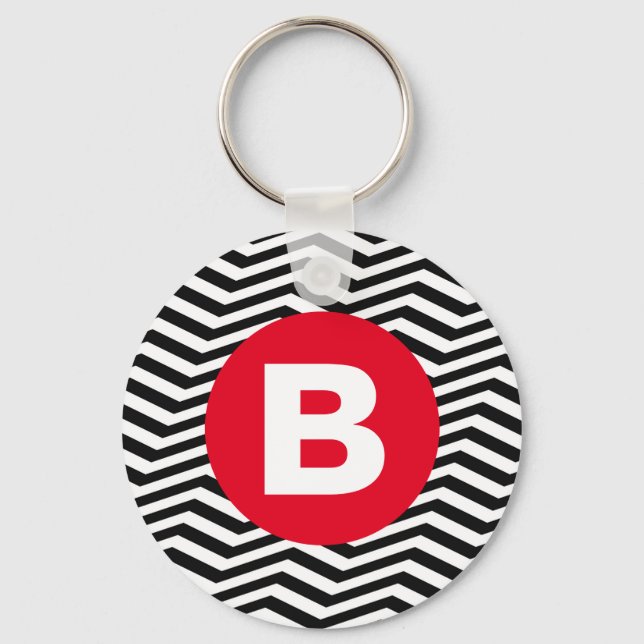 Chaveiro Black and White Zig Zag Pattern Red Monogram (Frente)