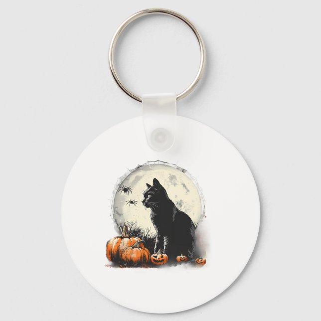 Chaveiro Black Cat Halloween Spooky Moon Trabalho de arte P (Frente)