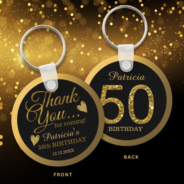 Chaveiro Black & Gold Glitter 50th Birthday Party Thank You (Criador carregado)