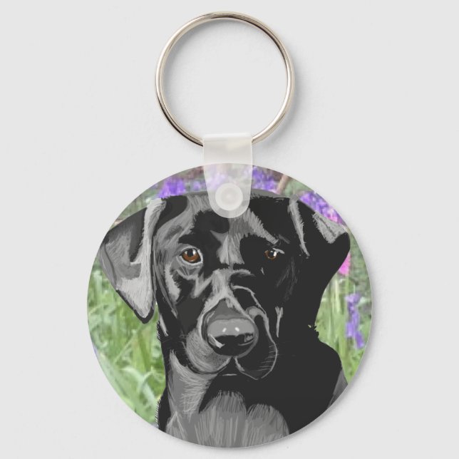 Chaveiro Black Labrador em uma Floresta de Campainhas Azuis (Frente)