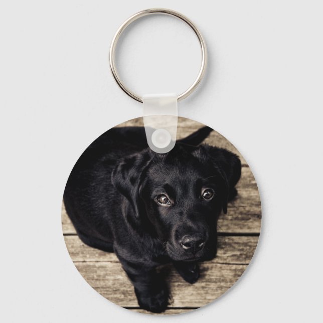 Chaveiro Black Labrador Retriever Puppy sobre madeira (Frente)
