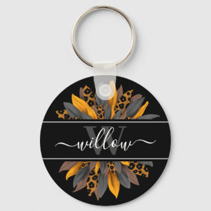 Chaveiro Black Leopard Spots Sunflower Name Monogram
