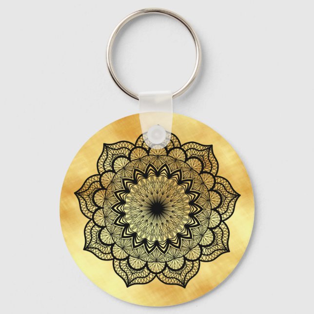 Chaveiro Black Mandala on Soft Gold Background Keychain (Verso)