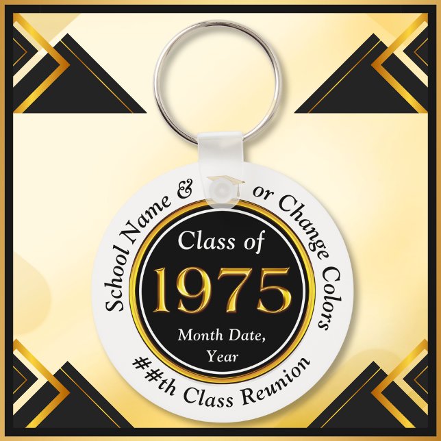 Chaveiro Black, White, Dourado, Classe de "75, Reunião de C (Class of 1975 Reunion. Personalized Class Reunion Keychains. Class of 75 ideas, party favors, gifts.)