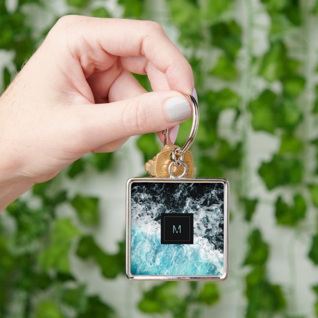 Chaveiro Blue Black Ocean Waves Hawaii Monograma (Mão)