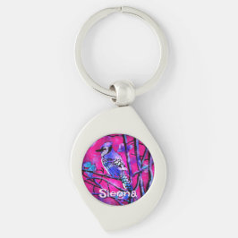 Chaveiro Blue Jay Bird Tree Branch Pink Personalized 