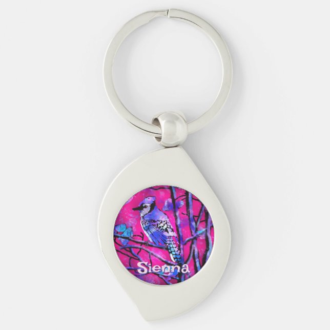 Chaveiro Blue Jay Bird Tree Branch Pink Personalized  (Frente)