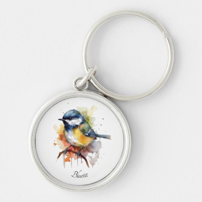Chaveiro Bluetit bonito em uma ramificação, personalizado (Frente)
