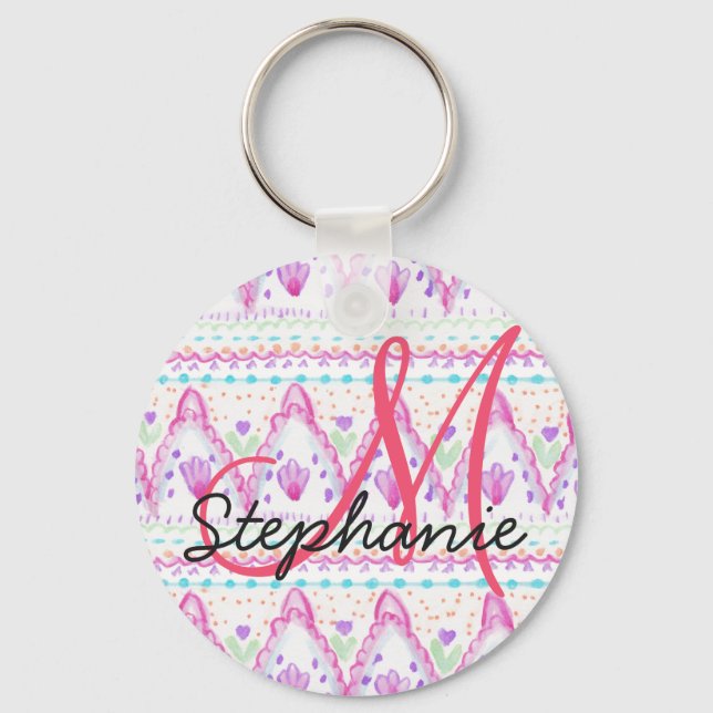 Chaveiro Bohemian Watercolor Bonito rosa Aztec Monograma (Frente)