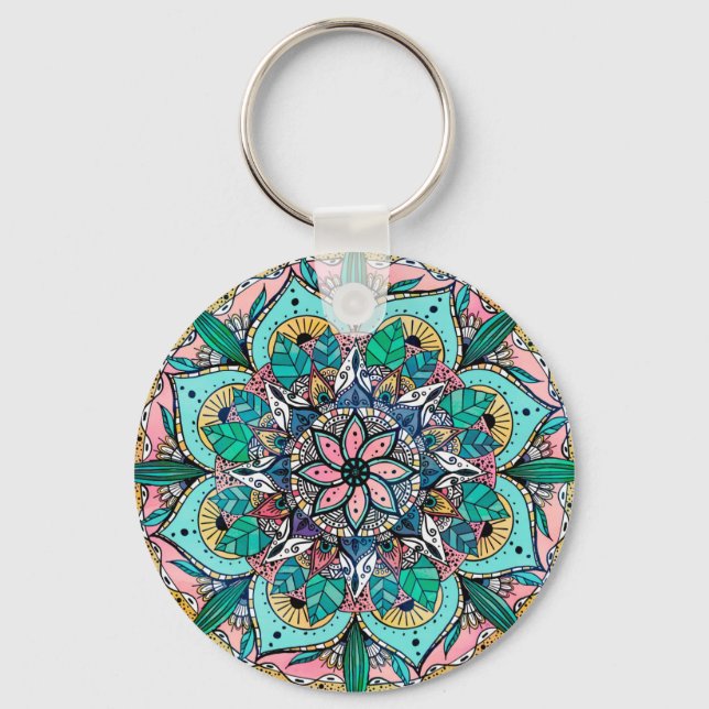 Chaveiro Boho Mandala Colorida Watercolor Floral (Frente)