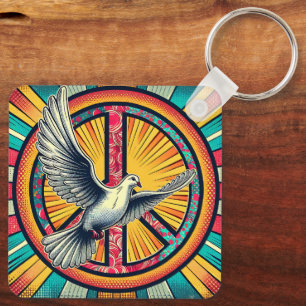 Chaveiro Boho Retro Dove and Peace Sign