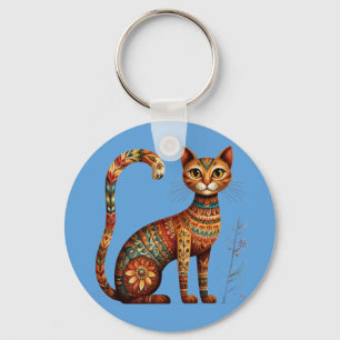 Chaveiro Boho Tribal Gato Arte Popular Fofa com Flores