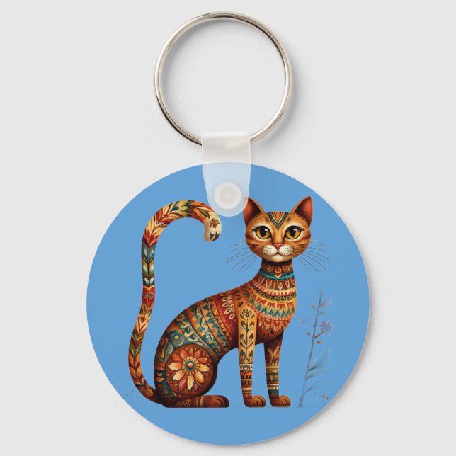 Chaveiro Boho Tribal Gato Arte Popular Fofa com Flores (Frente)