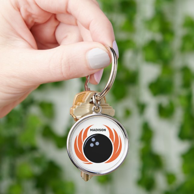 Chaveiro Bola de boliche de nome personalizado com chama (Mão)