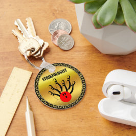 Chaveiro Bola de boliche e pinos com a palavra STRIKEOLOGIS