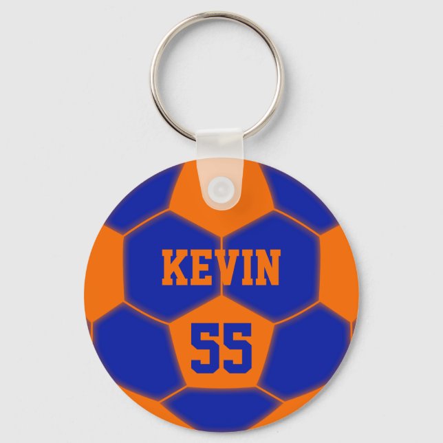 Chaveiro Bola de Futebol Laranja Azul com Nome Personalizad (Frente)