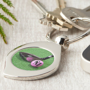 Chaveiro Bola de Golfe Rosa, Script de Rico de Monograma Pe
