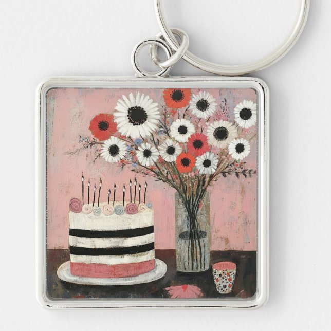 Chaveiro Bolo de Aniversário Chic e Flores de Gerbera (Frente)
