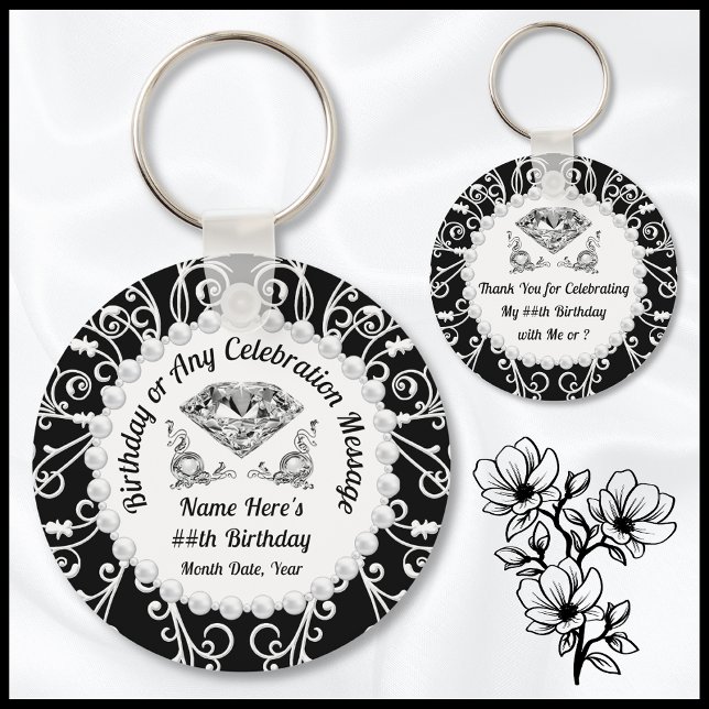 Chaveiro Bolsas mensageifestas de aniversario elegante, A Q (Elegant Birthday Favors for adults. Perfect for her, Diamonds and Pearls Birthday Theme. 30th, 60th)