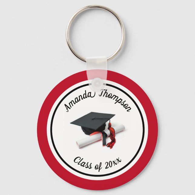 Chaveiro Boné de formatura preto e vermelho e Tassel (Frente)
