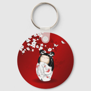 Chaveiro Bonecas Kokeshi Red Black White Cherry Blossoms