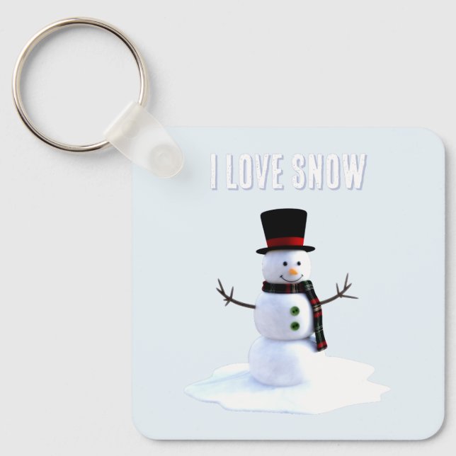 Chaveiro Boneco de neve com chapéu e cachecol. Eu Amo Neve (Frente)