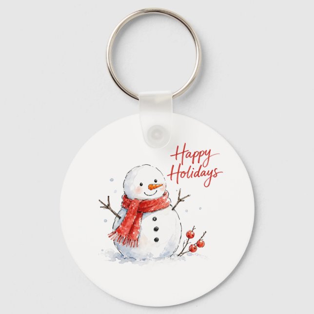 Chaveiro Boneco de Neve em Aquarela com Cachecol Vermelho (Frente)