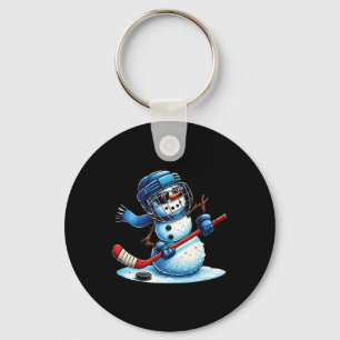 Chaveiro Boneco de Neve Engraçado Jogando Hóquei no Gelo Am