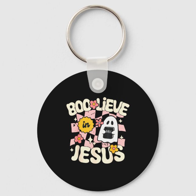 Chaveiro Boo Acredite Em Jesus Roupa Divertida De Halloween (Frente)