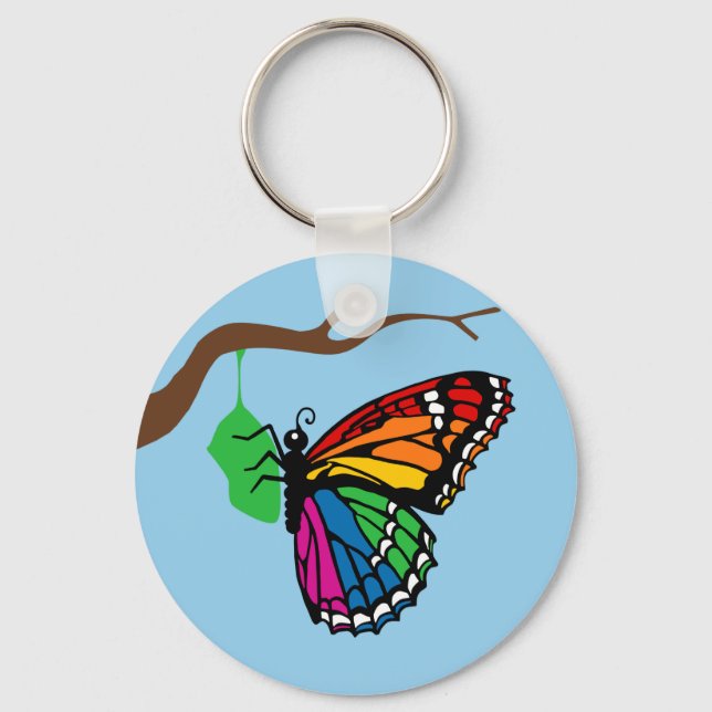 Chaveiro Borboleta Arco-Íris Emergindo de Chrysalis (Frente)