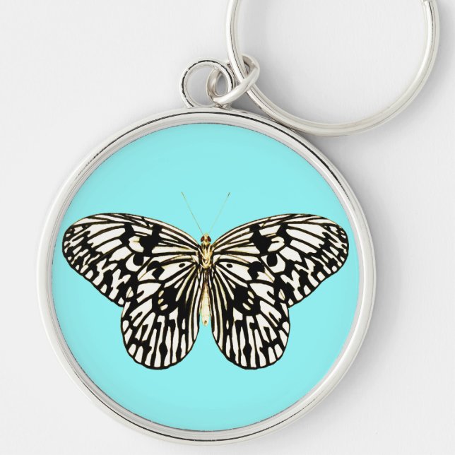 Chaveiro Borboleta branca e preta, fundo de turquesa (Frente)