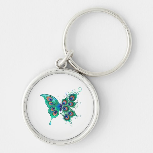 Chaveiro Borboleta com Penas de Pavão Verde (Frente)