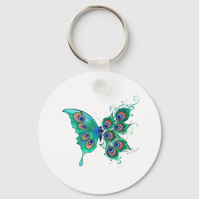 Chaveiro Borboleta com Penas de Pavão Verde (Frente)
