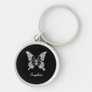Chaveiro Borboleta de diamante branco, nome de script DIY, 