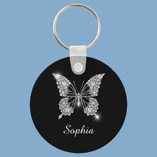 Chaveiro Borboleta de diamante branco, nome de script DIY,