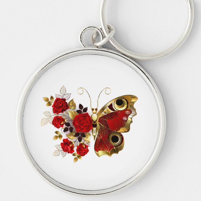 Chaveiro Borboleta de flor vermelha com rosas vermelhas (Frente)