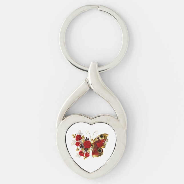 Chaveiro Borboleta de flor vermelha com rosas vermelhas (Frente)