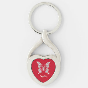 Chaveiro Borboleta Diamante Branco, Nome da Fonte, Vermelho