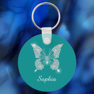 Chaveiro Borboleta Diamante Branco, Nome em Letra, Azul Tur
