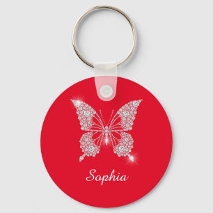 Chaveiro Borboleta Diamante Branco, Nome em Letra de Forma,