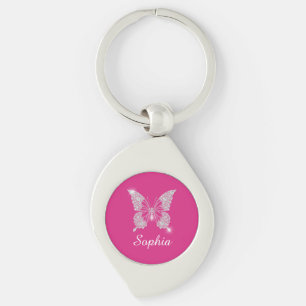 Chaveiro Borboleta Diamante Branco, Nome em Letra, Fuchsia