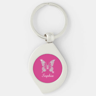Chaveiro Borboleta Diamante Branco, Nome em Letra, Fuchsia