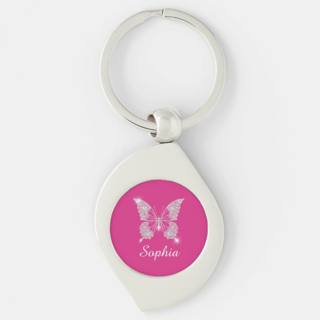 Chaveiro Borboleta Diamante Branco, Nome em Letra, Fuchsia (Frente)